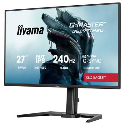 En datorskärm som visar specifikationer: '27" snabb IPS, 240Hz, 1920x1080'. Varumärkning inkluderar 'iiyama', 'G-Master GB2777HSU', 'NVIDIA G-SYNC kompatibel' och 'Red Eagle'.