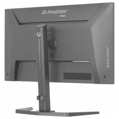 En datorskärm med märket "G-Master" och modellen "Black Hawk" visad från baksidan, med ett robust stativ och modern design.