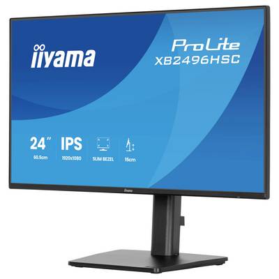 En datorskärm som visar texten: 'iiyama ProLite XB2496HSU, 24 tum, 60,5 cm, IPS, 1920x1080, Slim Bezel, 15cm' på skärmen.