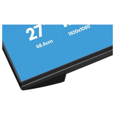 Ett hörn av en platt skärmmonitor som visar "27" och "68,6cm", vilket anger skärmstorlek, med upplösningen "1920x1080" på en blå bakgrund.