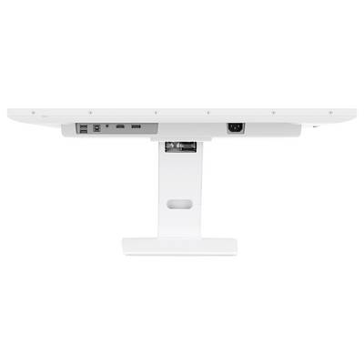 Ett vitt bord med en central kabelhanteringspelare som visar olika ström- och USB-portar under bordsskivan för anslutning.