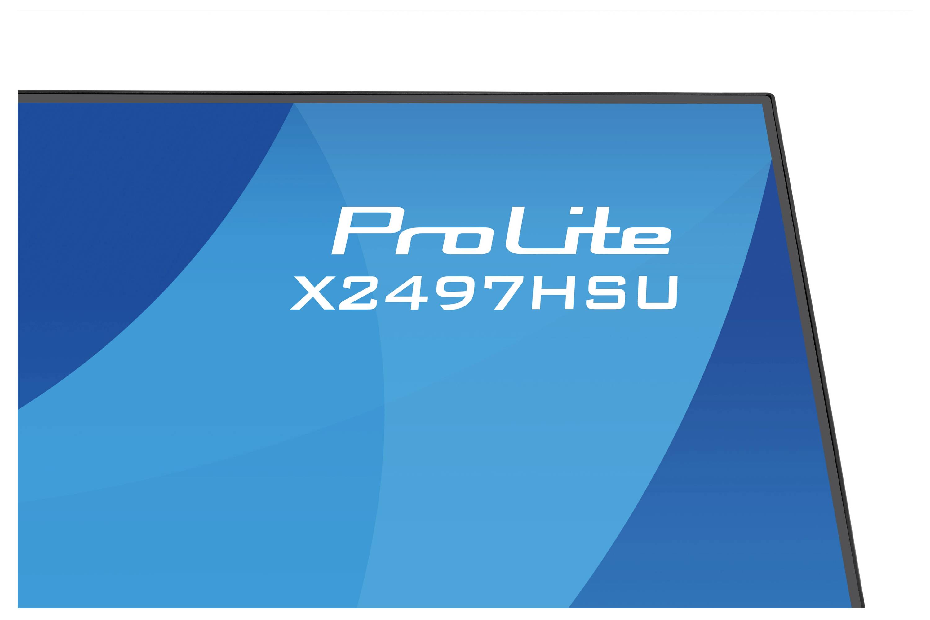En närbild av ett monitorhörn som visar modellnamnet "ProLite X2497HSU" mot en blå bakgrund.