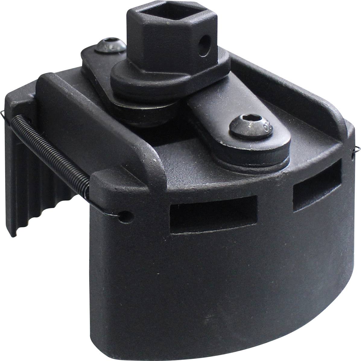 En närbild av en svart, tung kraftfull skruvnyckeladapter med fyrkantig axel och justerbar mekanism, utrustad med en fjäderbelastad design.