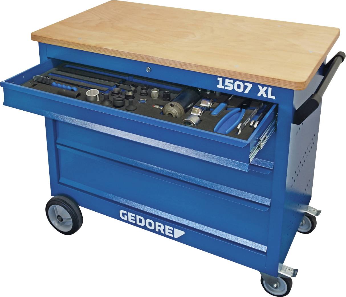 En blå verktygsvagn märkt "GEDORE 1507 XL" med en öppen låda som visar en uppsättning verktyg, inklusive skiftnycklar och skruvmejslar.