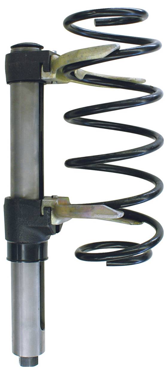 En metallspiral-fjäder monterad på en cylindrisk stång, troligen en del av ett fordonets fjäderungssystem. Fjädern är tätt lindad runt stången.