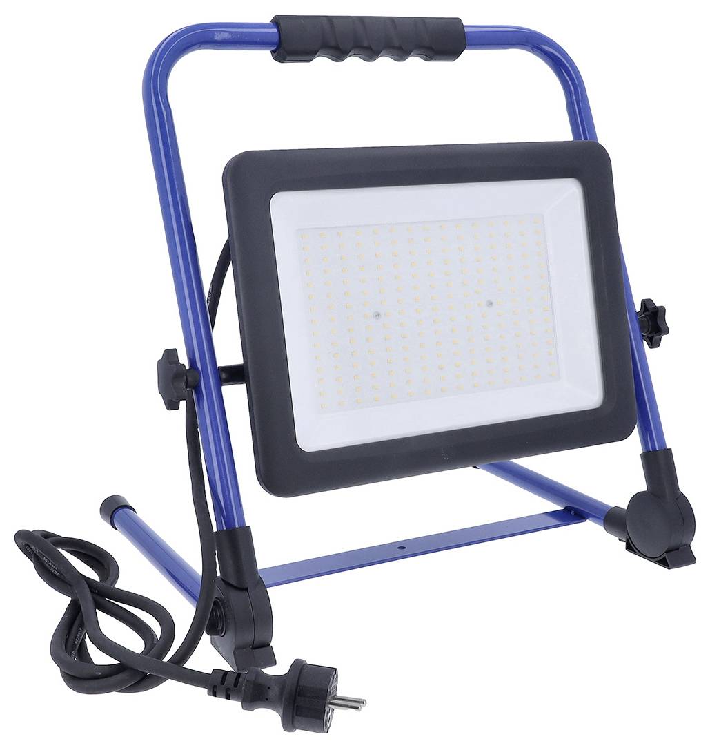 En bärbar LED-arbetslampa med ett blått stativ och svart handtag, ansluten till en elkabel med ett kontakt.