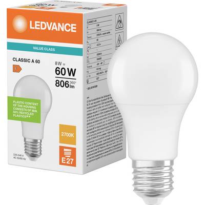 LEDVANCE LED-glödlampa och förpackning, som visar en Classic A60 8W-glödlampa med E27-sockel, 2700K varmvitt ljus och 806 lm utgång.