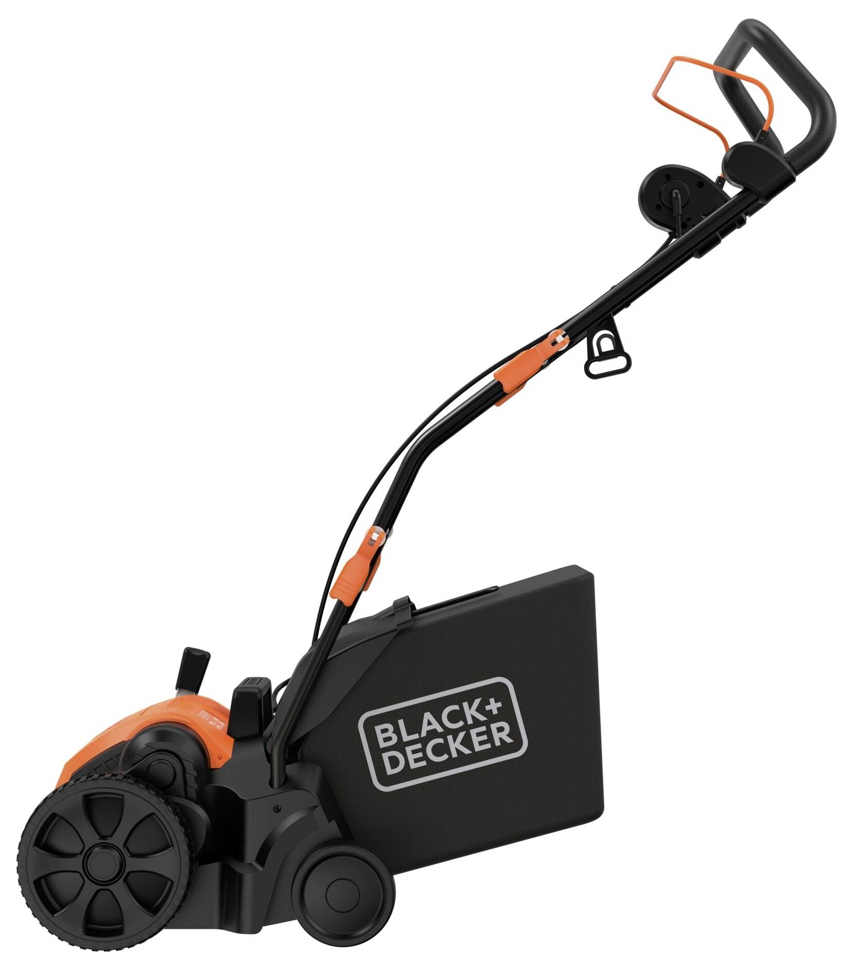 En Black+Decker elektrisk gräskantklippare med ett orange handtag och svart chassi utformad för exakt gräsklippning och kantklipper.