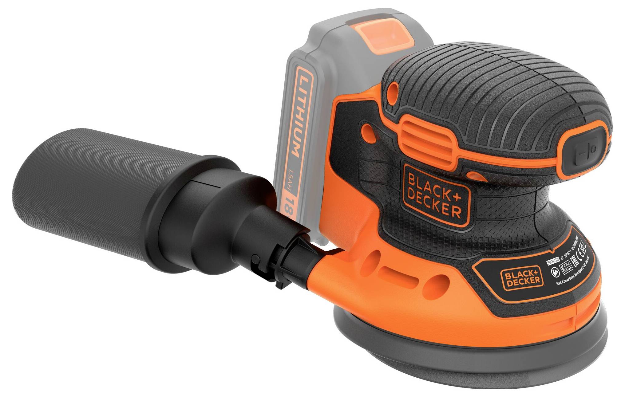 En svart och orange trådlös slipar märkt "Black & Decker 18V Lithium." Den är utrustad med ergonomiska grepp och en dammsugningsanordning.
