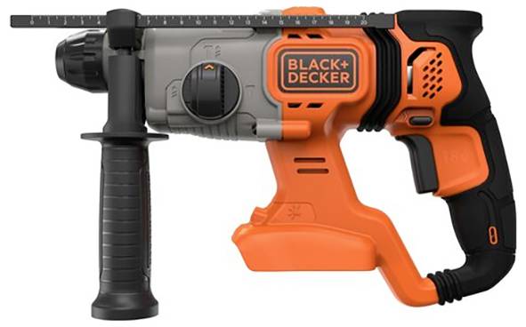 En orange och svart Black+Decker borr med sidohantag och djupmätare, designad för precisionsborrningstask.