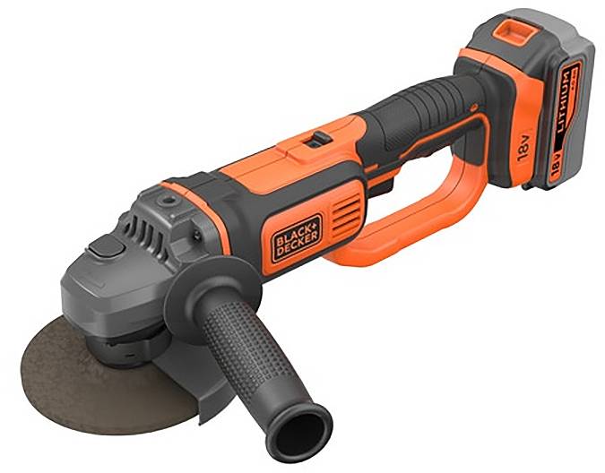 "Black & Decker" trådlös vinkelslipar, som visar ett orange och svart handtag, en skiva och ett 18V-batteripaket på en vit bakgrund.