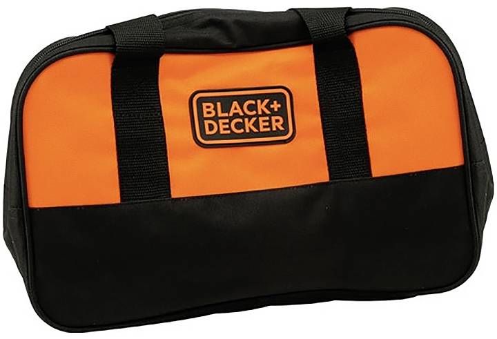 En orange och svart verktygväska med en "Black+Decker"-logotyp på framsidan, utformad för att bära och lagra verktyg.