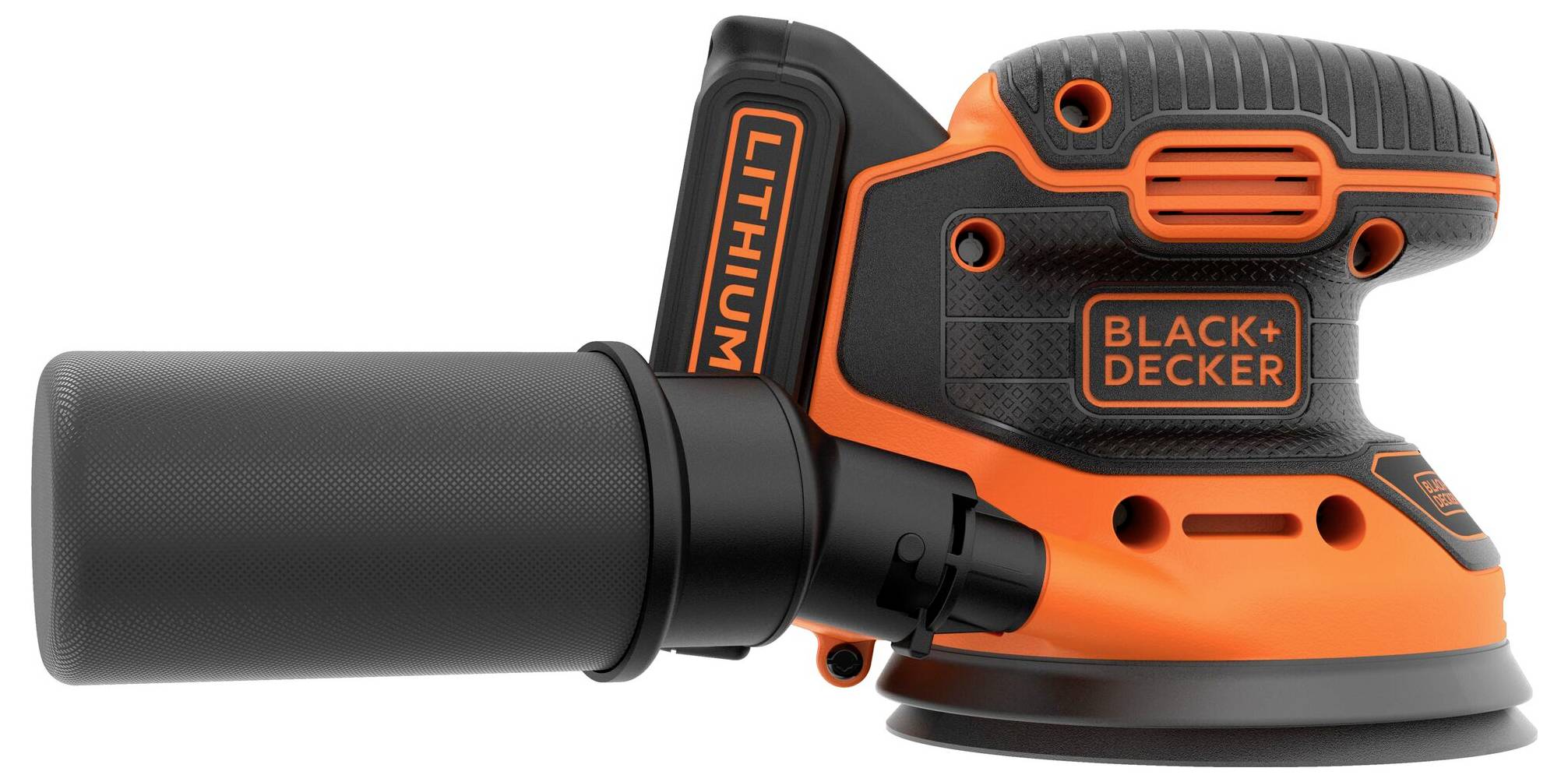 En handhållen Black+Decker litiumbatteridrivet elslip med en cylindrisk dammsamlare, som visar en kompakt design.