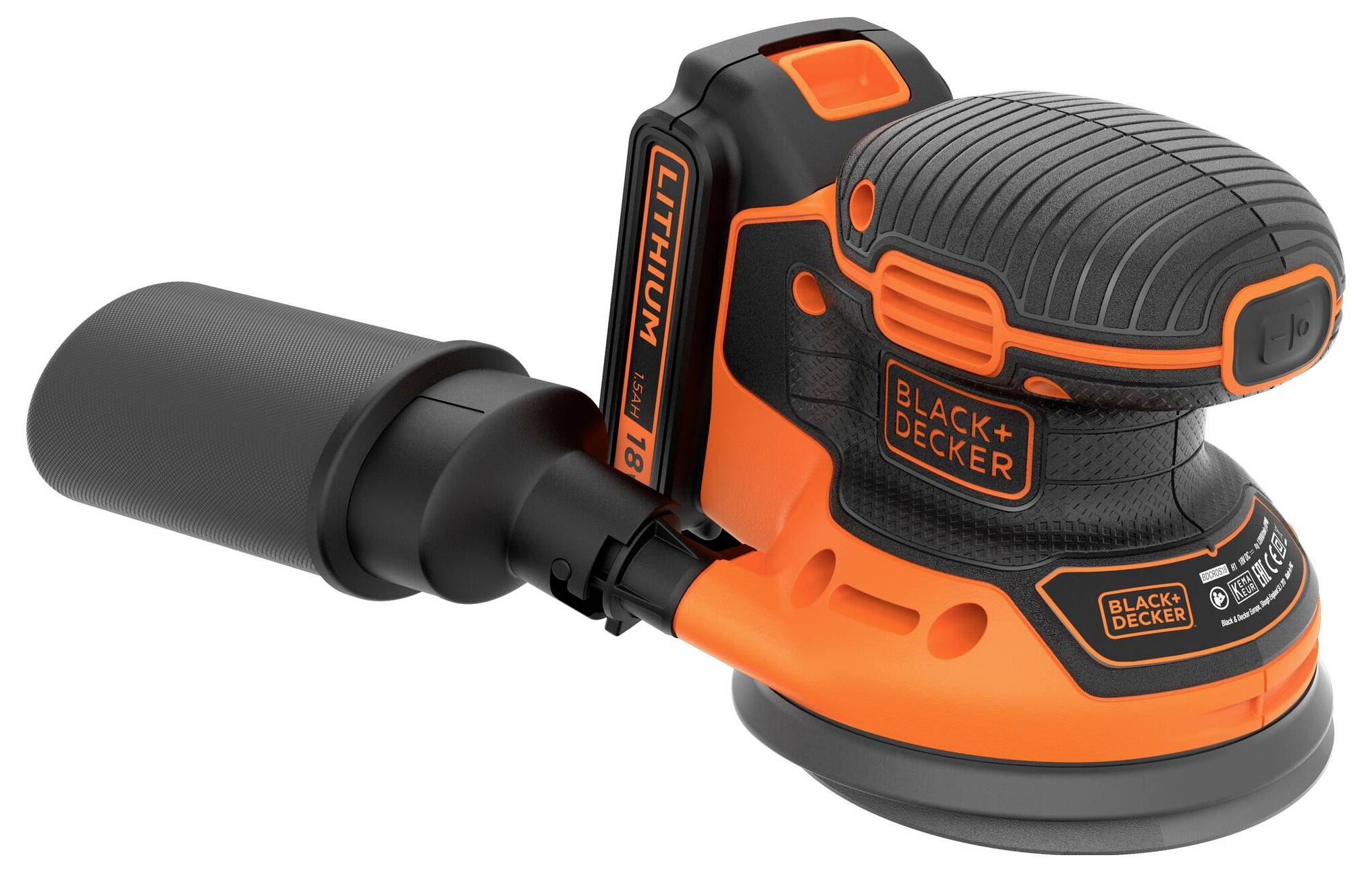 En orange och svart trådlös såg med Black+Decker-logotyp, 20V litiumacku och ergonomiskt handtag. Idealisk för skärningsuppgifter.