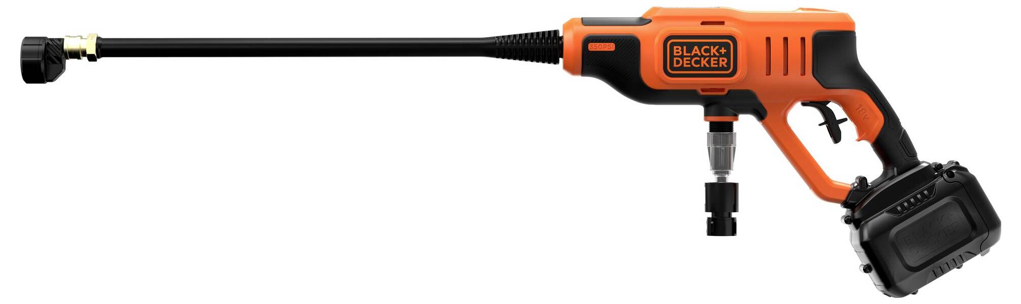 En orange och svart trådlös rengöring med lång munstycke, märkt "BLACK+DECKER", visad i sidoprofil mot en vit bakgrund.