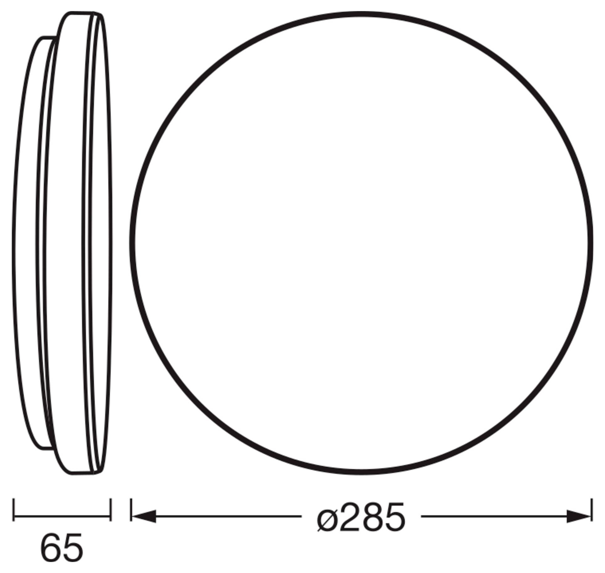 Diagram av ett cirkulärt objekt med en diameter på 285 enheter och ett djup på 65 enheter från sidovyn.
