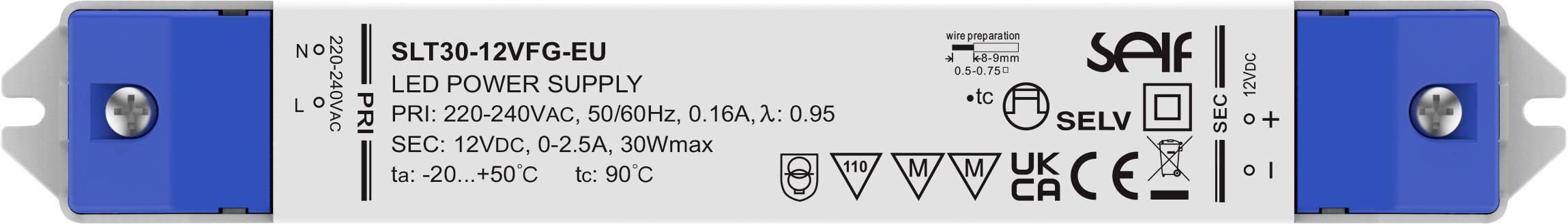 "SLT30-12VFG-EU" LED-strömförsörjning, specifikationer: inmatning 220-240V/0,16A, utmatning 12V/2,5A, 30W max, symboler: CE, UKCA, RoHS.