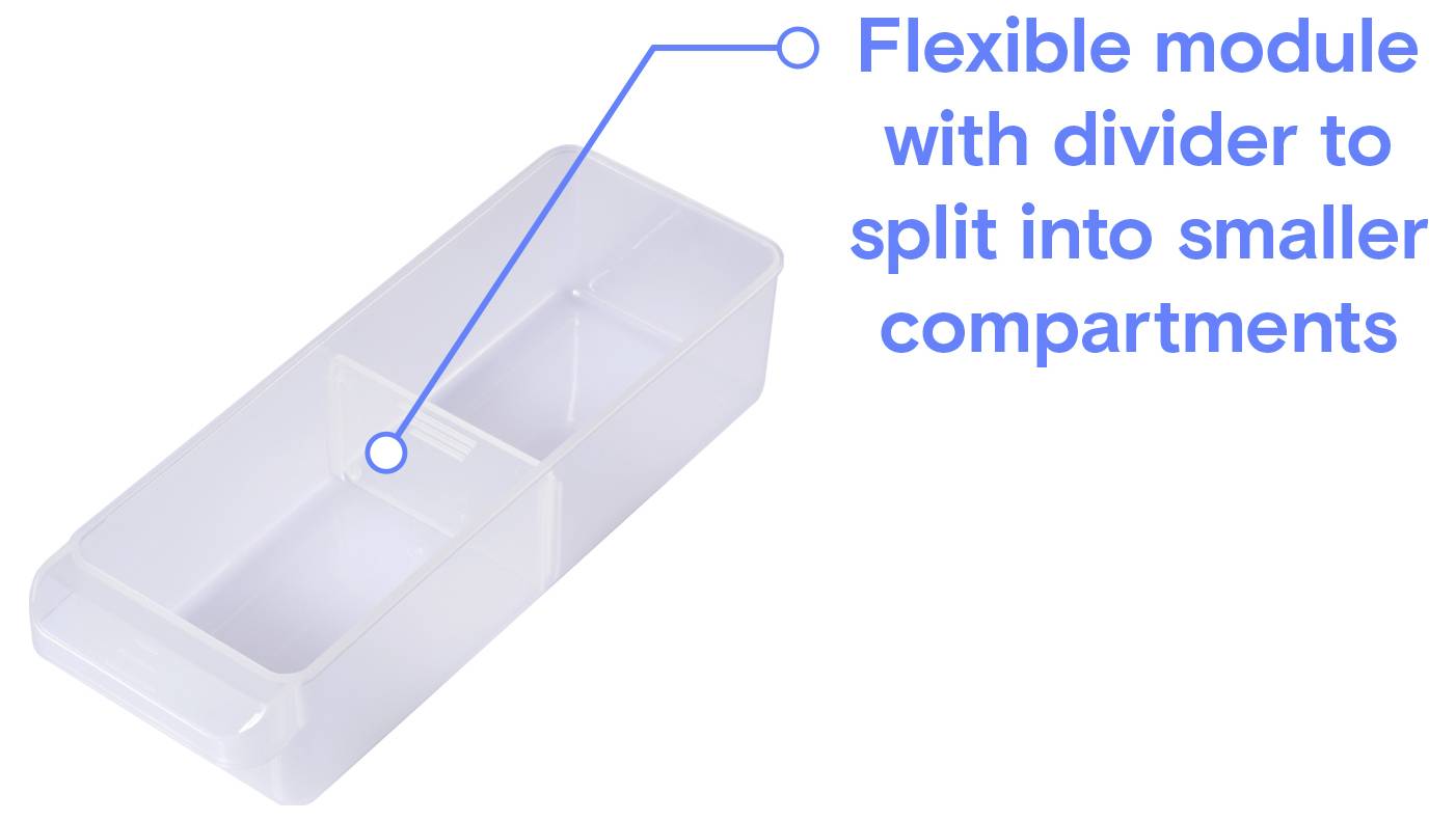 Genomskinlig plastmodul med skiljvägg, beskriven som en "Flexibel modul med skiljvägg för att dela upp i mindre fack".