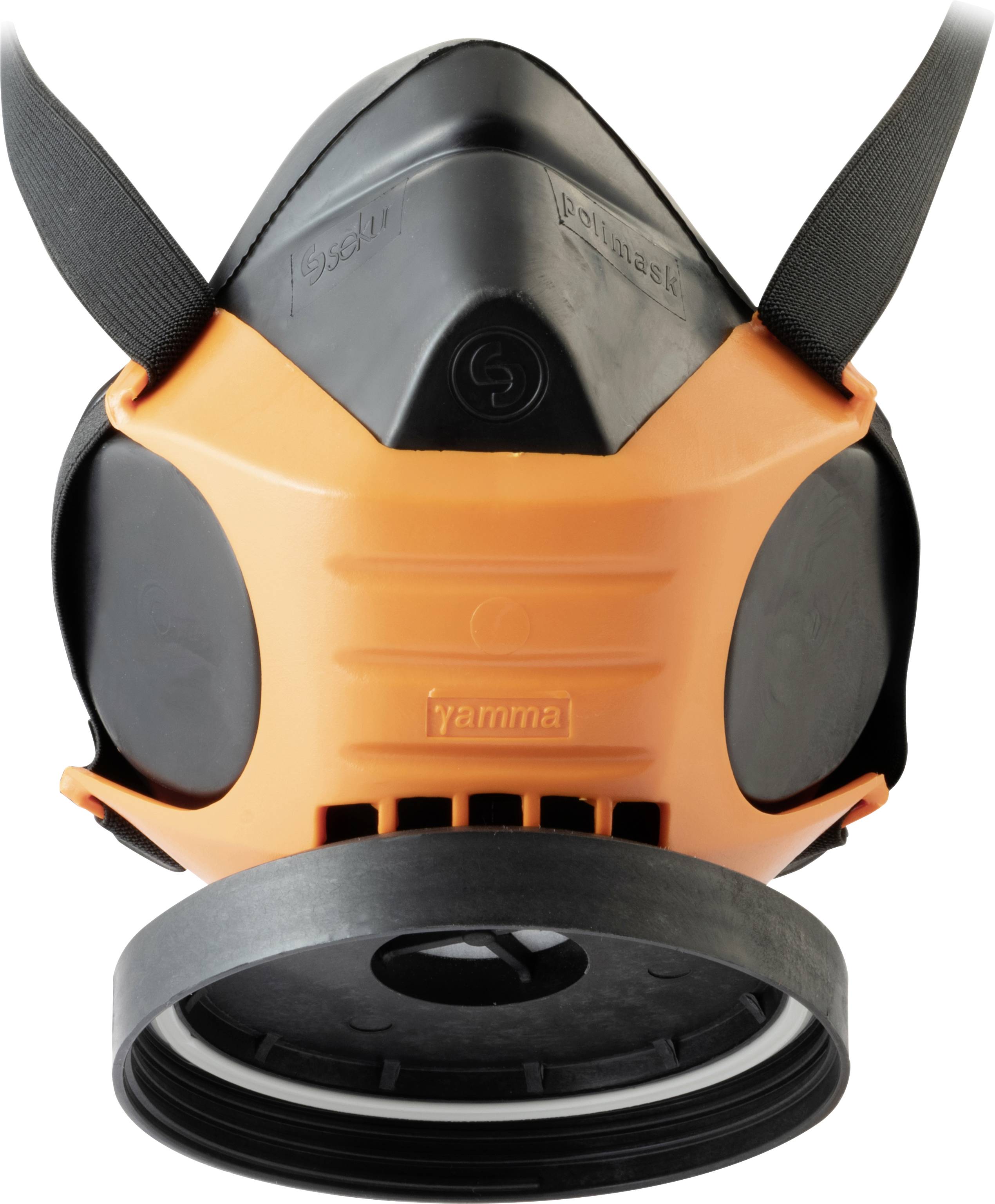 Andningsmasköversikt med en orange och svart design, försedd med remmar och en anslutning för filter.