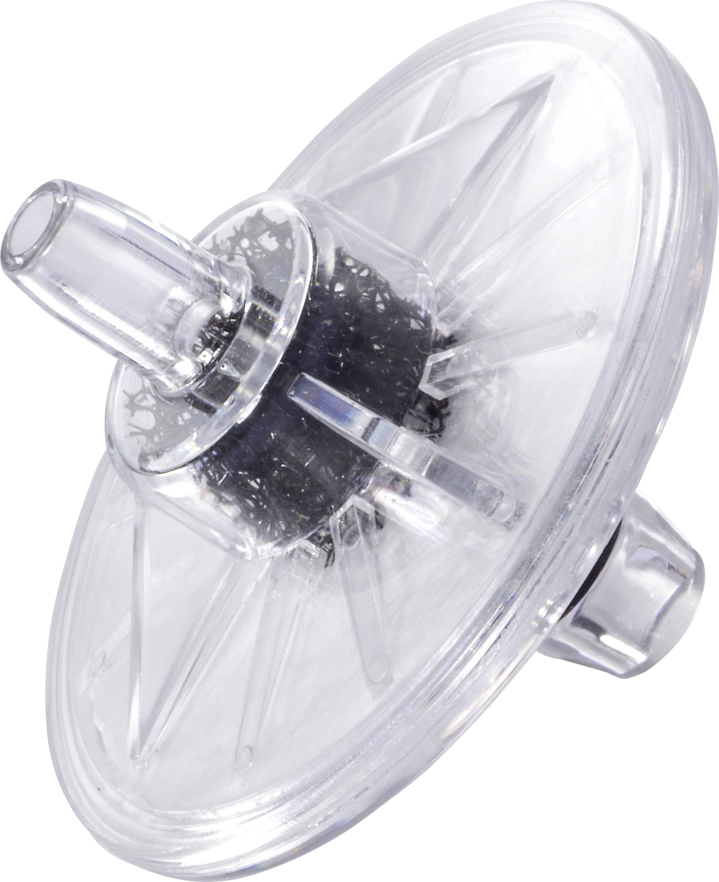 En klar plastskiva-formad filter med ett svart nät inuti, utrustad med munstycken på toppen och botten för vätskegenomströmning.