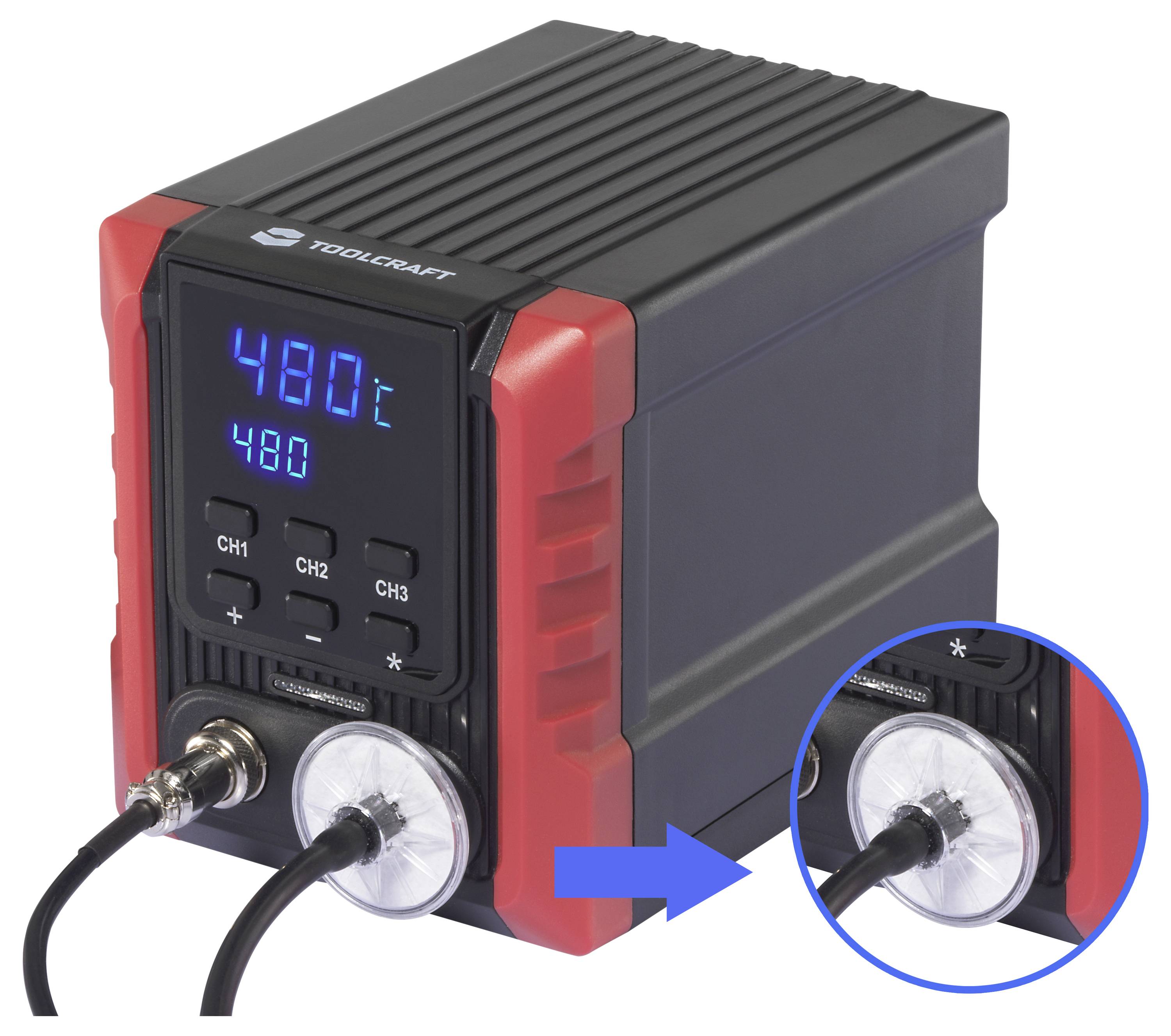 'TOOLCRAFT' lödstation med digital display som visar '480°C' temperatur. Röd hölje, svart kropp och kabelanslutningar.