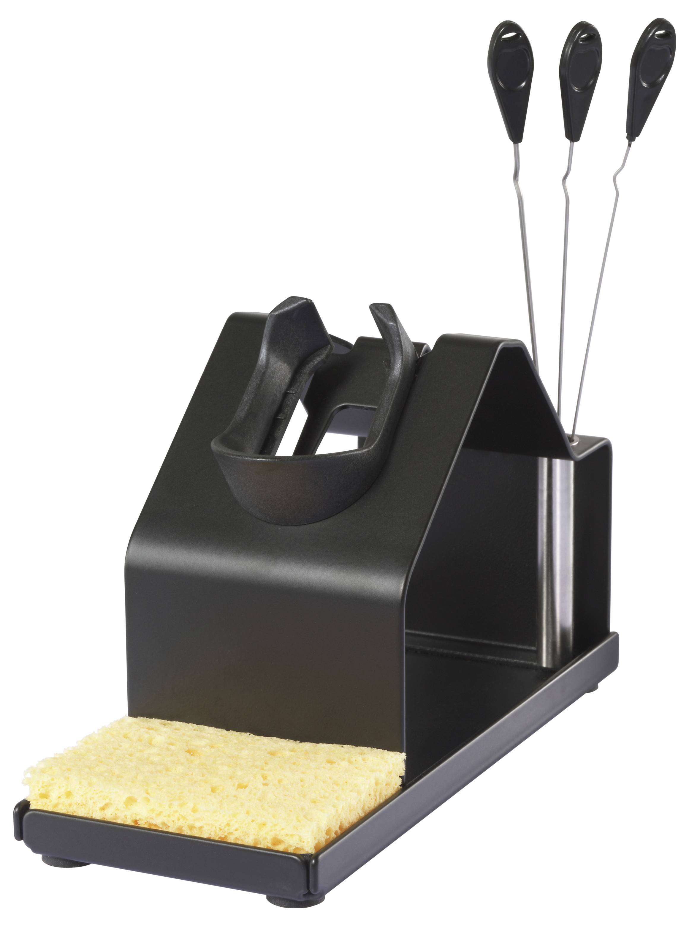 En modern svart köksställ med inbyggd knivslip, svamphållare med en gul svamp och spår för förvaring av grillspett.