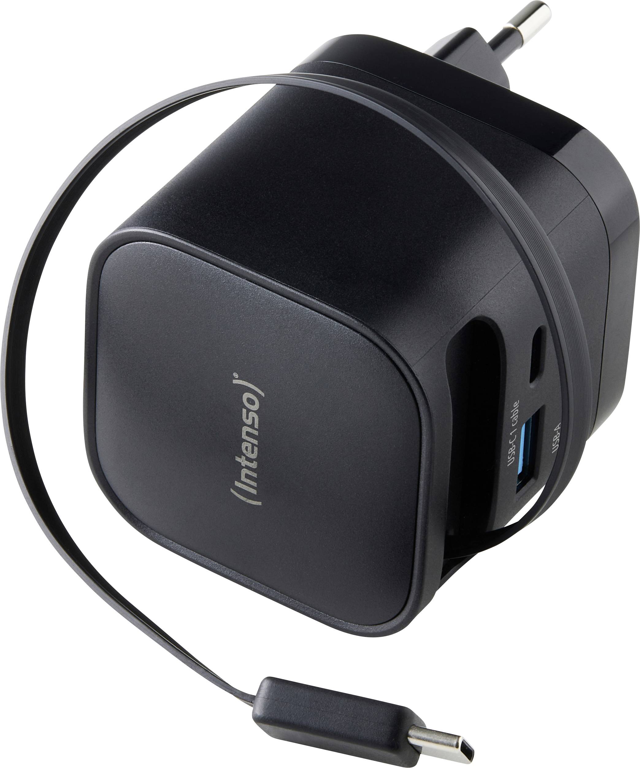 En svart elektronisk laddare med en USB-port och en ansluten kabel med en USB-C-kontakt. Märket "Intenso" är synligt på sidan.