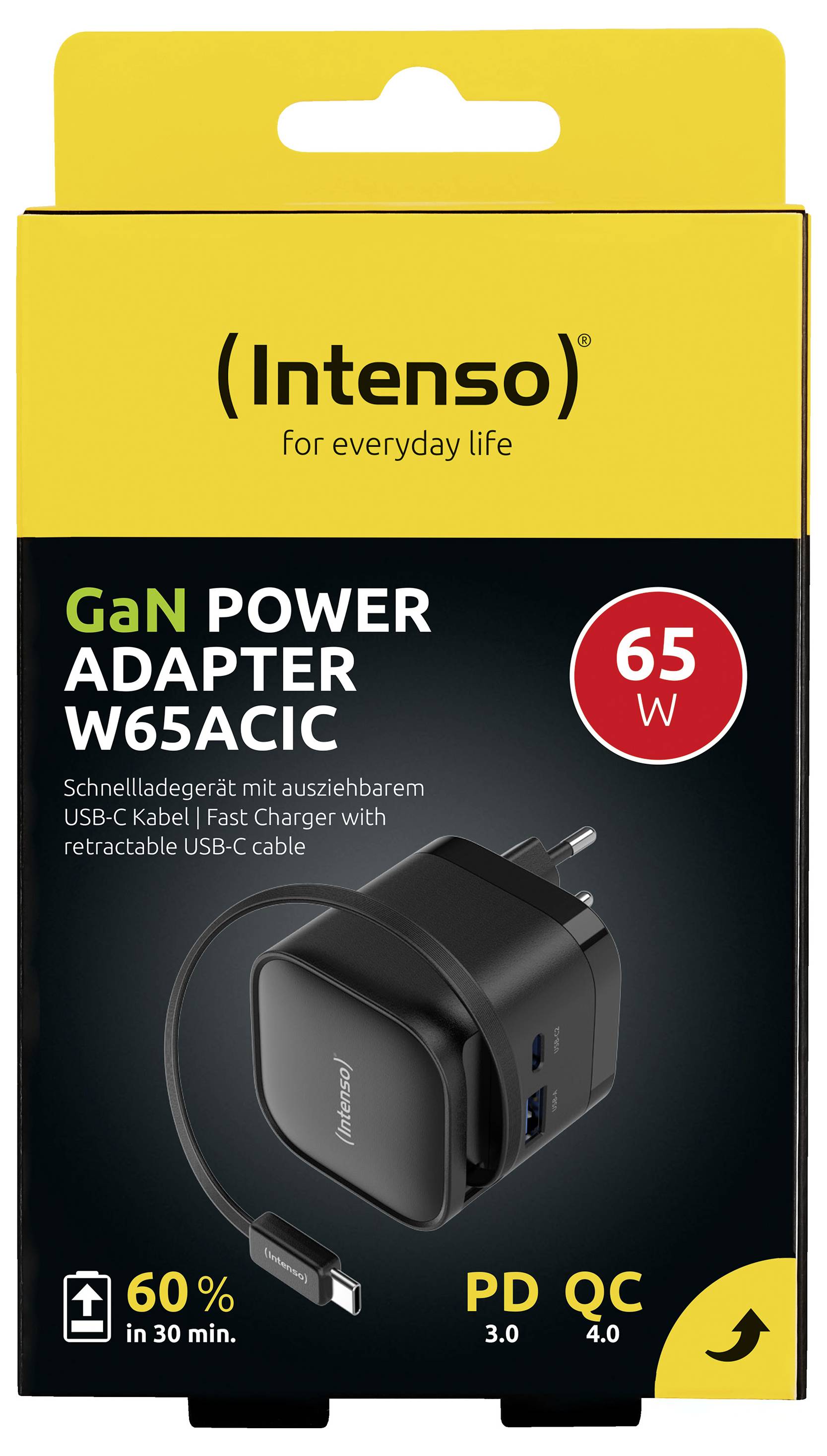 "Intenso GaN Power Adapter W65ACIC"-förpackning. Funktioner inkluderar en 65W snabbladdare med utdragbar USB-C-kabel. Hävdar 60 % laddning på 35 minuter.