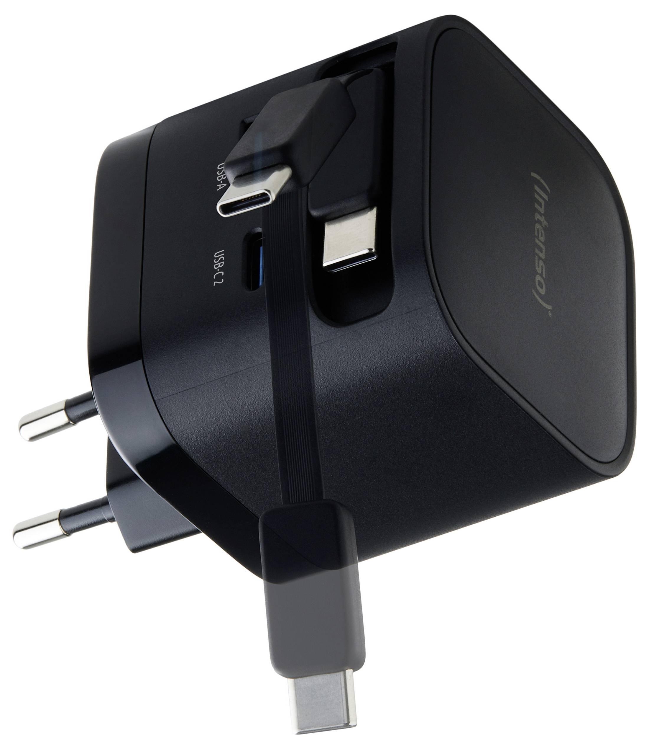 En svart USB-väggladdarare med EU-kontakt, försedd med två USB-portar och två avtagbara kablar med USB-C-kontakter.