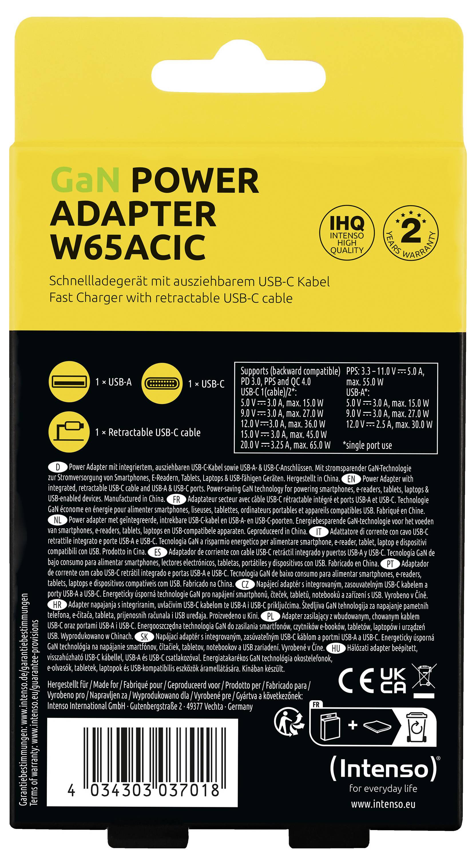 "GaN Power Adapter W65ACIC" förpackning som visar specifikationer: 65W utgång, inkluderar USB-C infällbar kabel, funktioner och certifieringar längst ner.