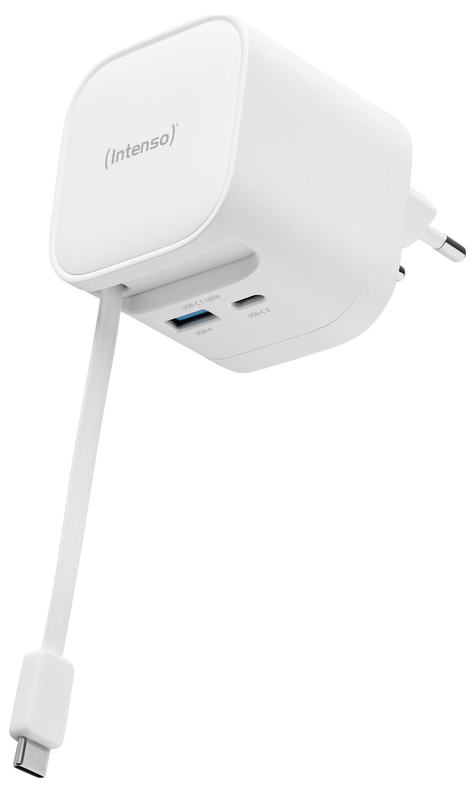 En vit Intenso-väggadapter med USB- och USB-C-portar, försedd med en integrerad laddningskabel med USB-C-kontakt.