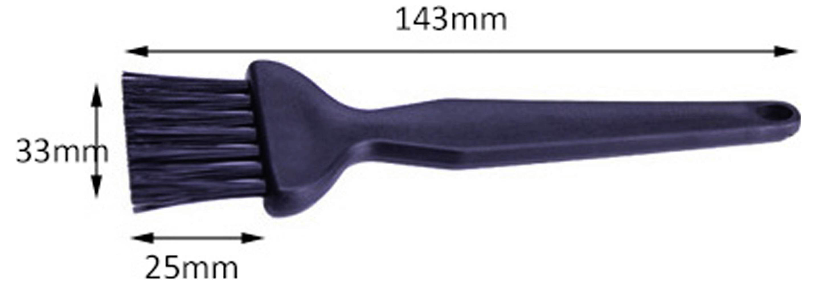 Svart penselvisad i sidovy med märkta dimensioner: 143 mm lång, 33 mm bred och 25 mm penselhuvu bredd.