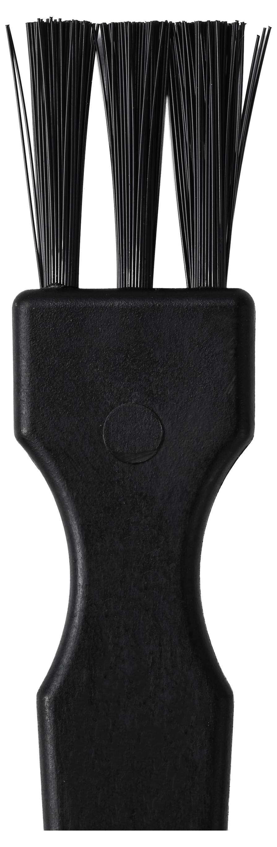 Svart rengöringsbors med brett, platt handtag och täta svarta borst som sträcker sig från toppen