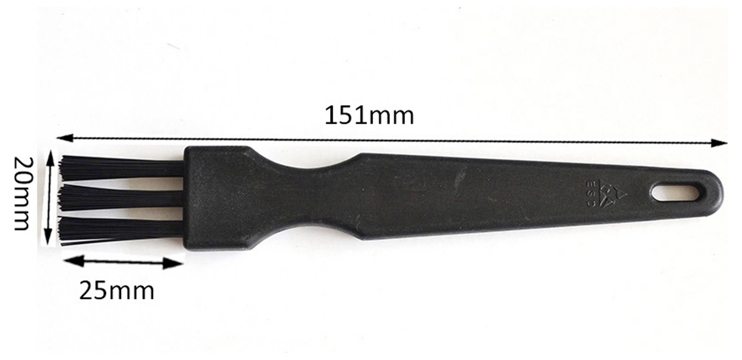 Svart plastrenringsverktyg med tre tänder och hängöga, visas med dimensioner 151 mm långt, 20 mm brett och 25 mm huvudbredd.