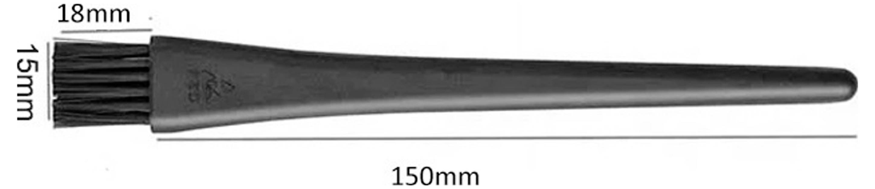 Flat målarpensyl med svarta borst och handtag, visad i profil med märkta dimensioner på 18 mm bredd, 15 mm höjd och 150 mm längd.