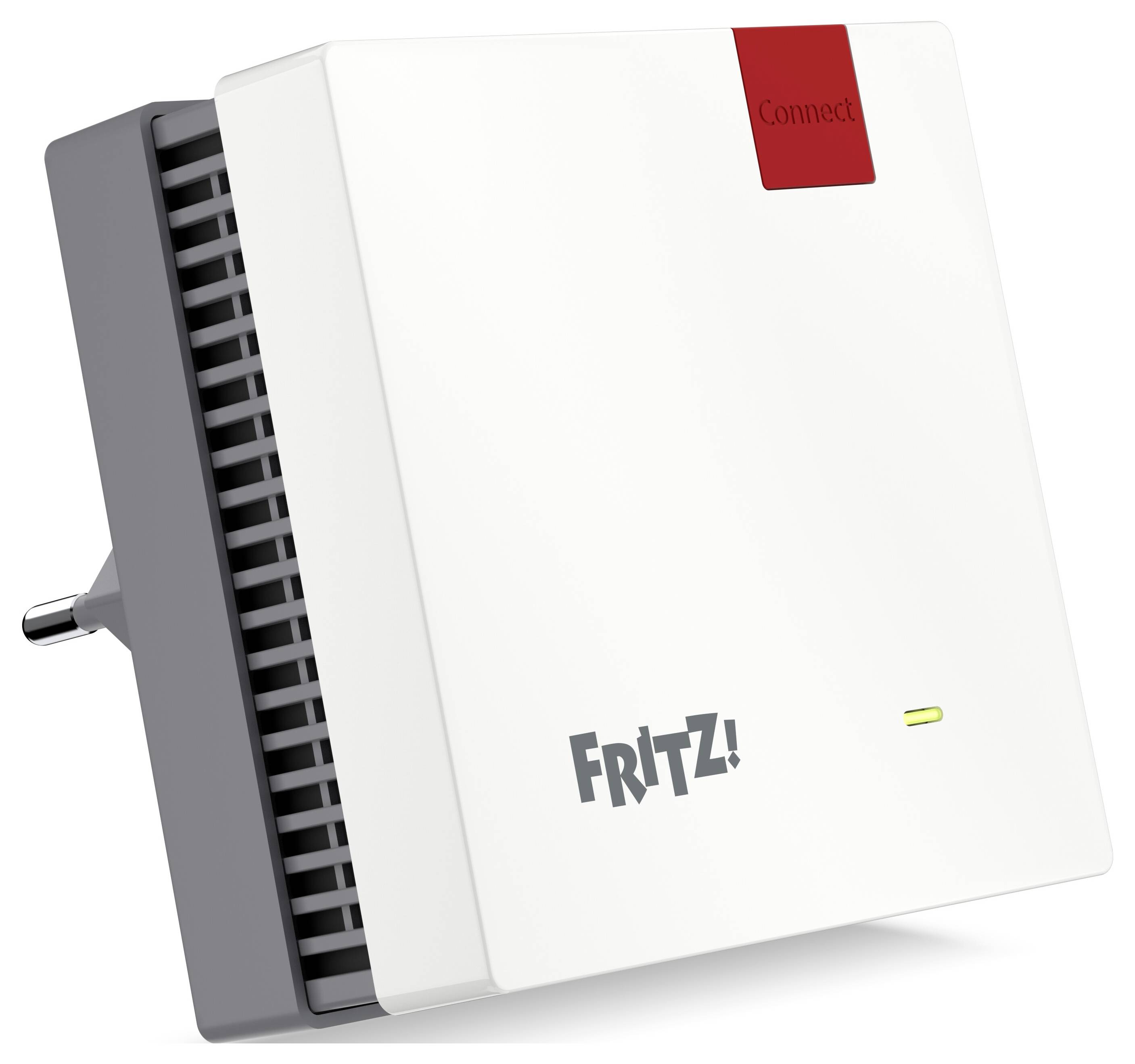 'FRITZ! WiFi-förstärkare med en röd "Connect"-knapp och LED-indikator, designad för enkel anslutning till ett uttag för nätverksutökning.'