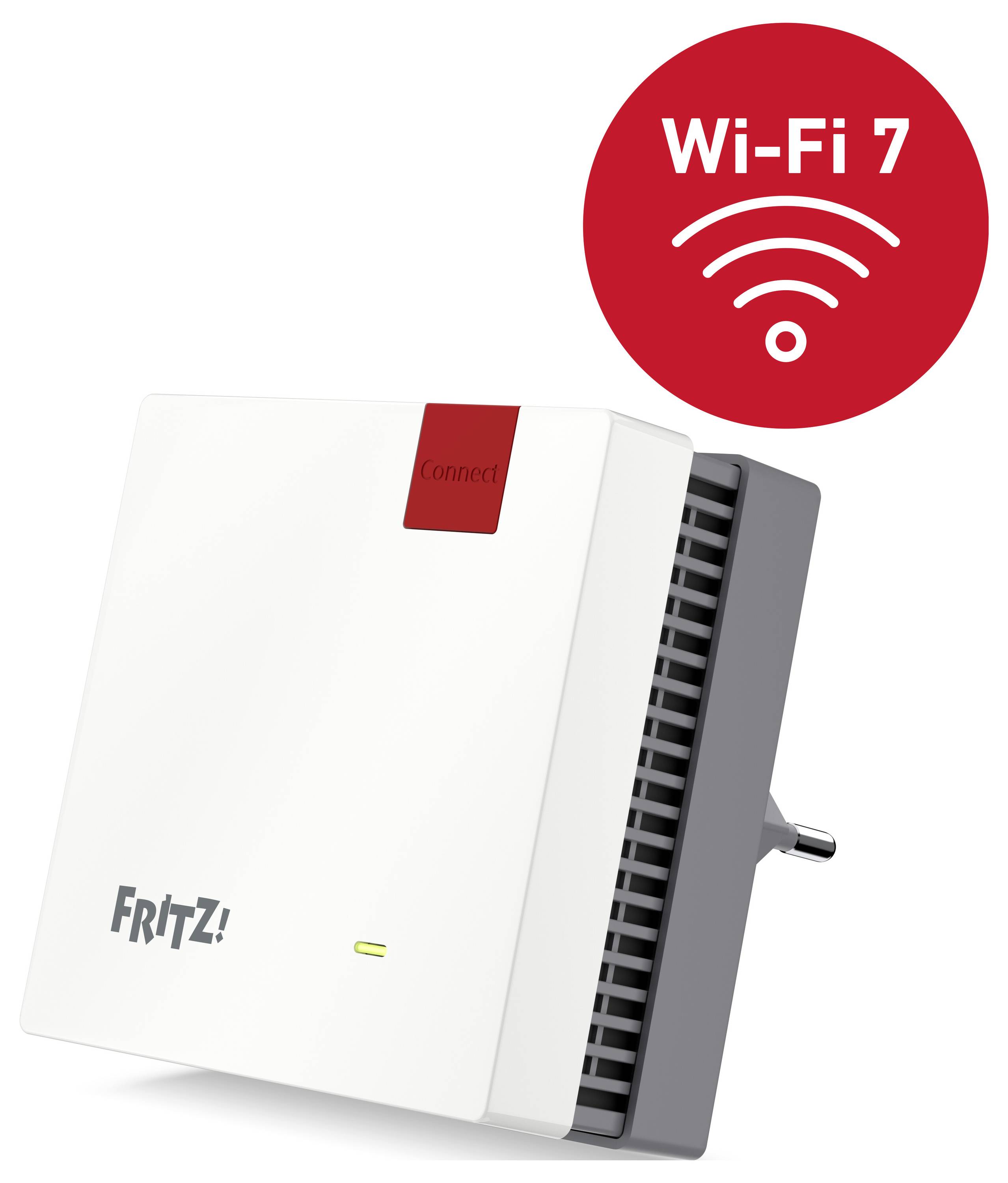 "FRITZ! Wi-Fi 7 repeater" -enhet med plugg som förbättrar trådlös internetanslutning.