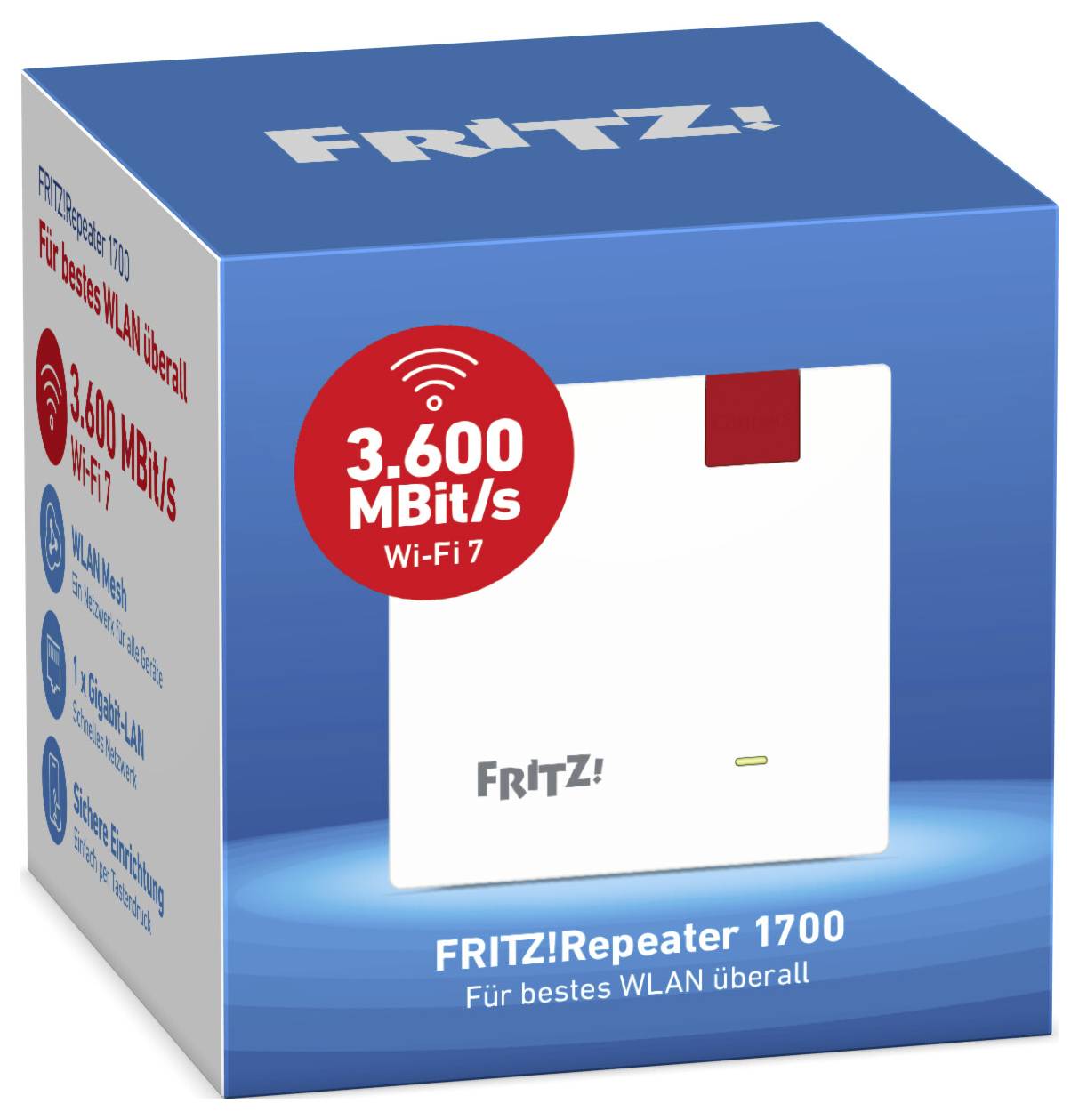 'FRITZ! Repeater 1700' produktförpackning som visar enheten kapabel till '3 600 MBit/s' och 'Wi-Fi 7'. Blå förpackning med produktfunktioner.