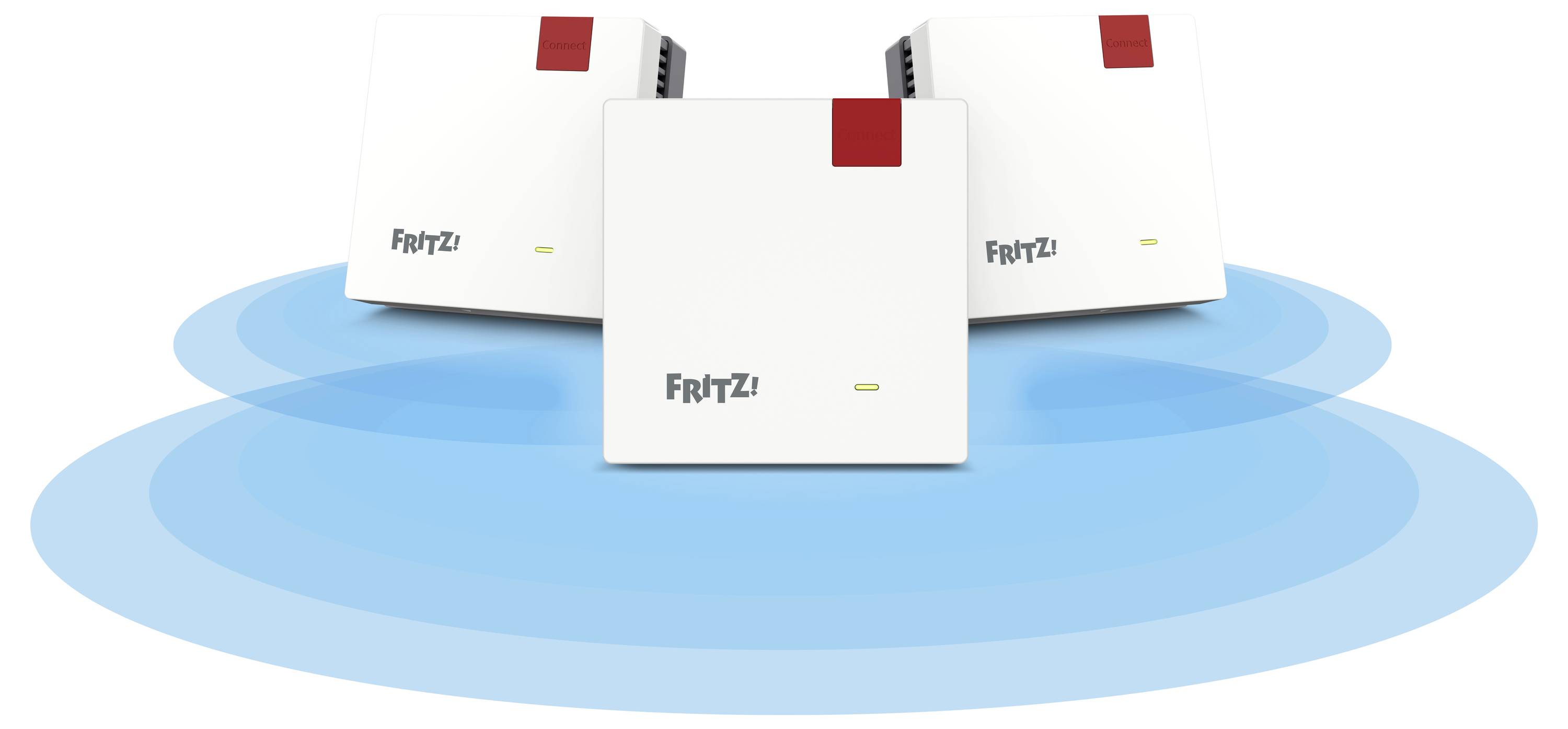 "FRITZ! Mesh Set"-enheter sänder överlappande trådlösa signaler som skapar ett enhetligt, utökat Wi-Fi-nätverkstäckningsområde.
