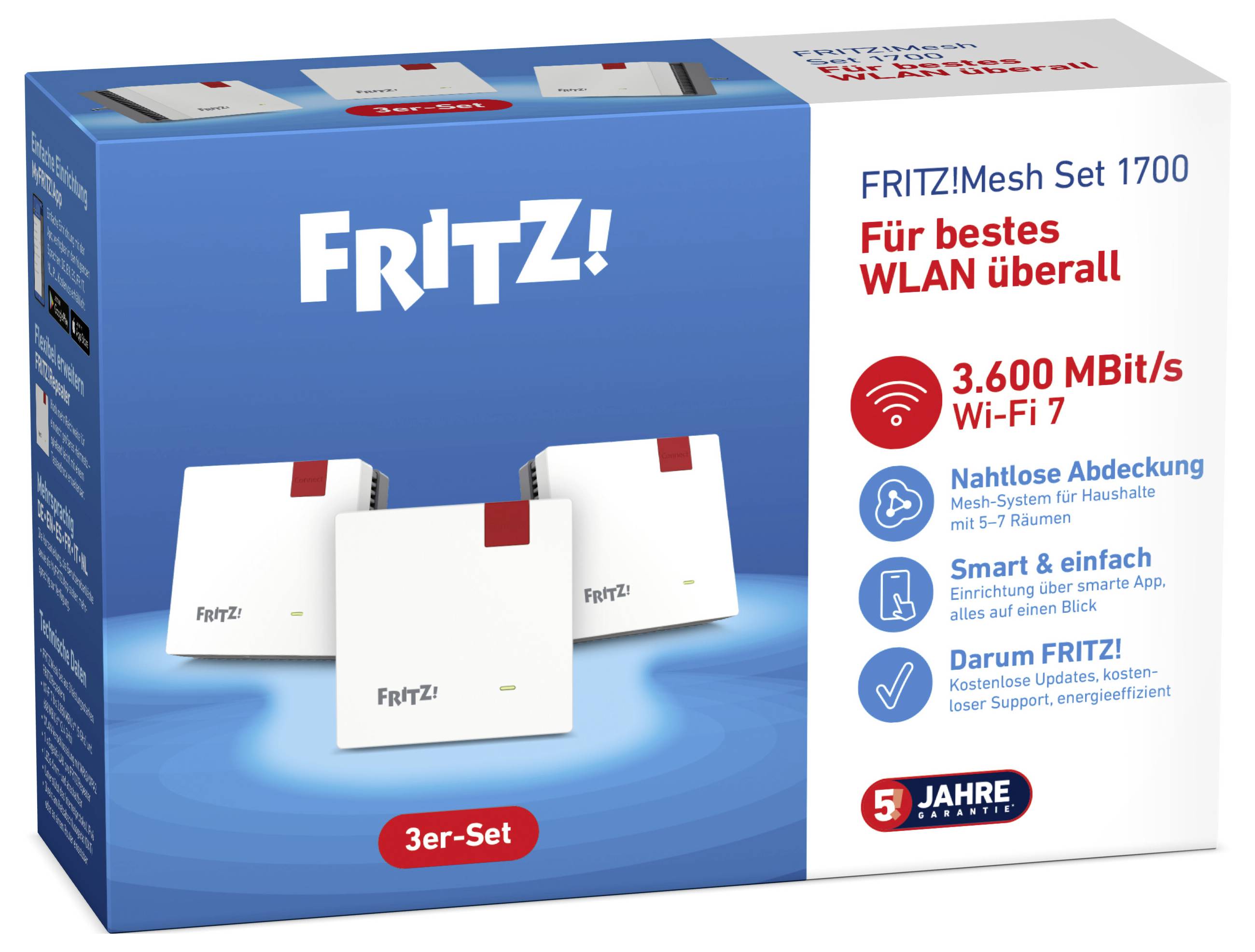 "FRITZ! Mesh Set 1700"-förpackning med tre Wi-Fi-enheter. Texten framhäver "3 600 Mbit/s Wi-Fi 7", "sömlös täckning", "smart och enkel installation".