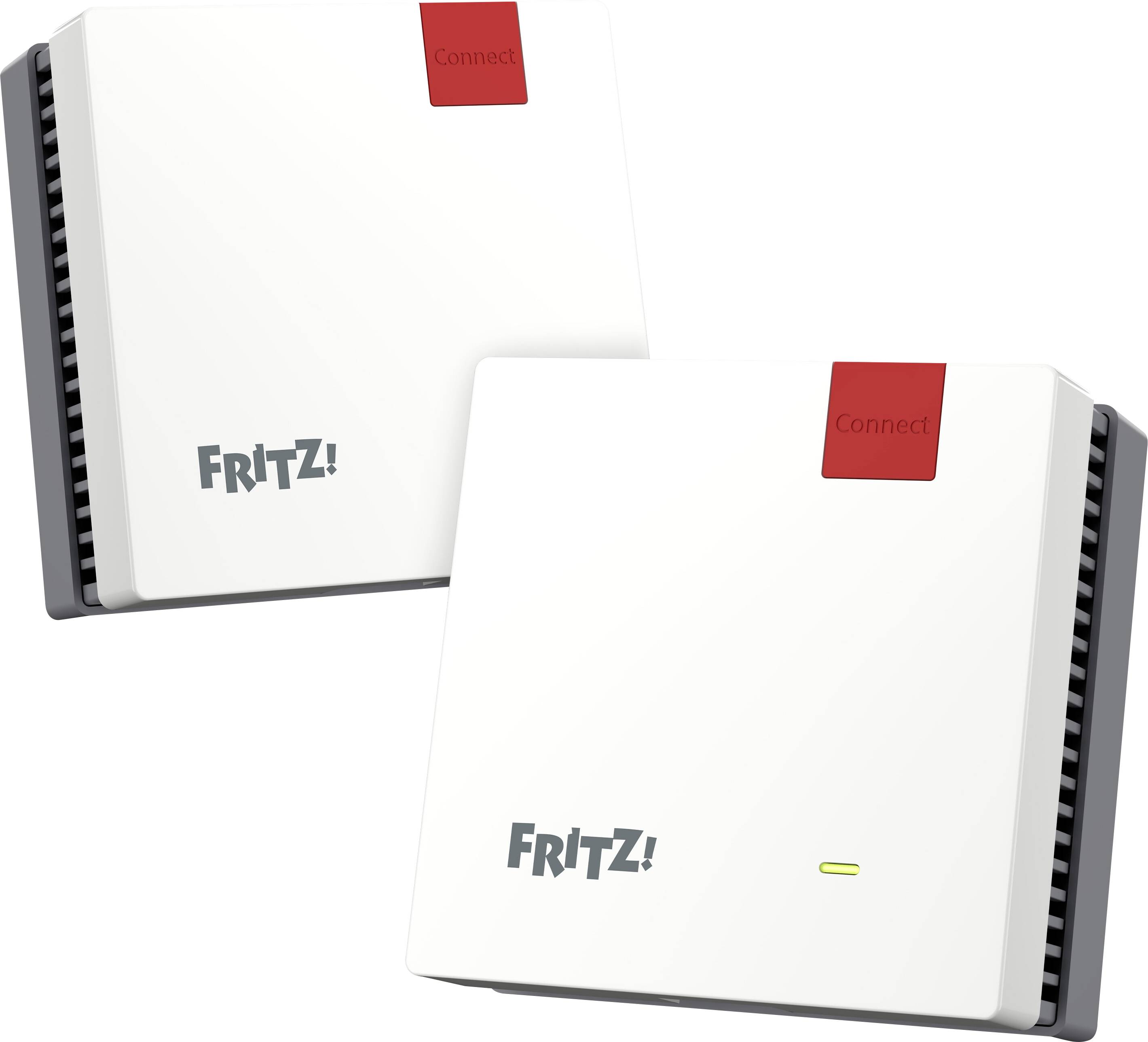 Två vita trådlösa repeaterenheter märkta "FRITZ!" med rött och svart detaljer, utformade för att utöka internetöverbyggnaden.