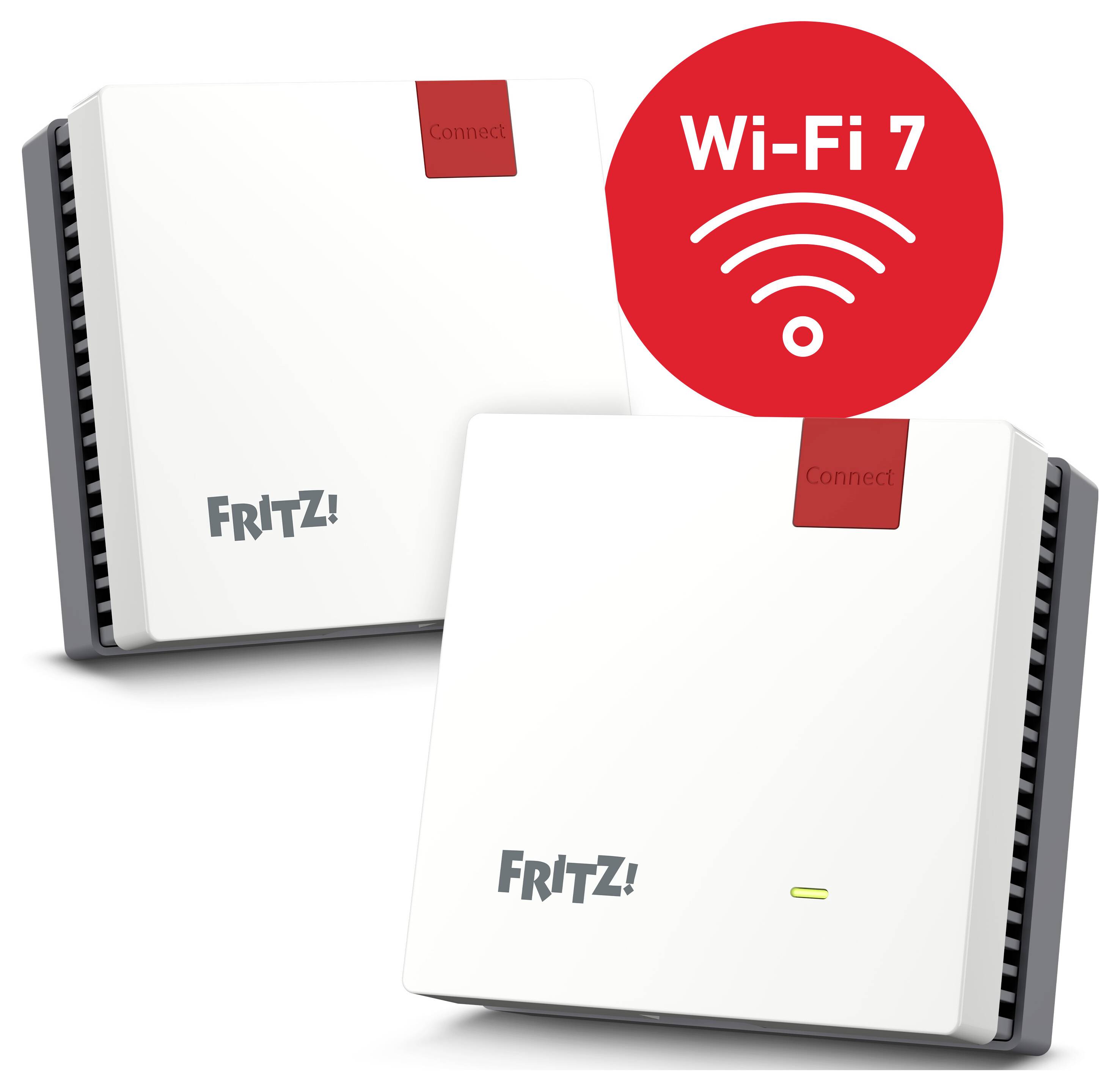 Två vita elektroniska enheter märkta "FRITZ!" visar en röd Wi-Fi 7-ikon, vilket indikerar avancerade anslutningskapaciteter.