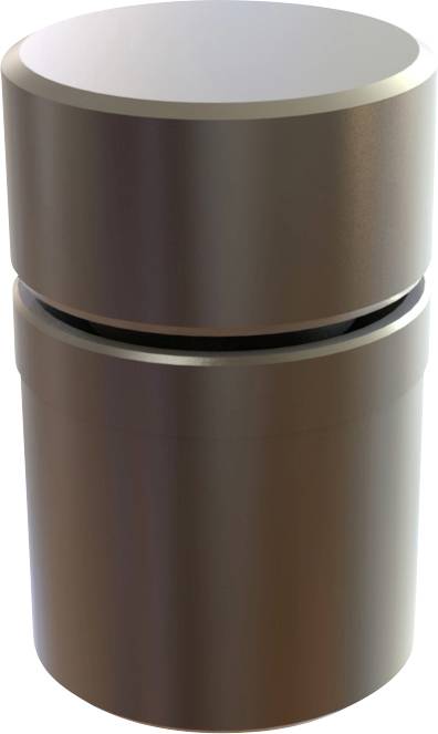En metallisk cylinder med en slät finish, med ett litet gap nära toppen, möjligen som indikation på dess användning som behållare eller enhet.