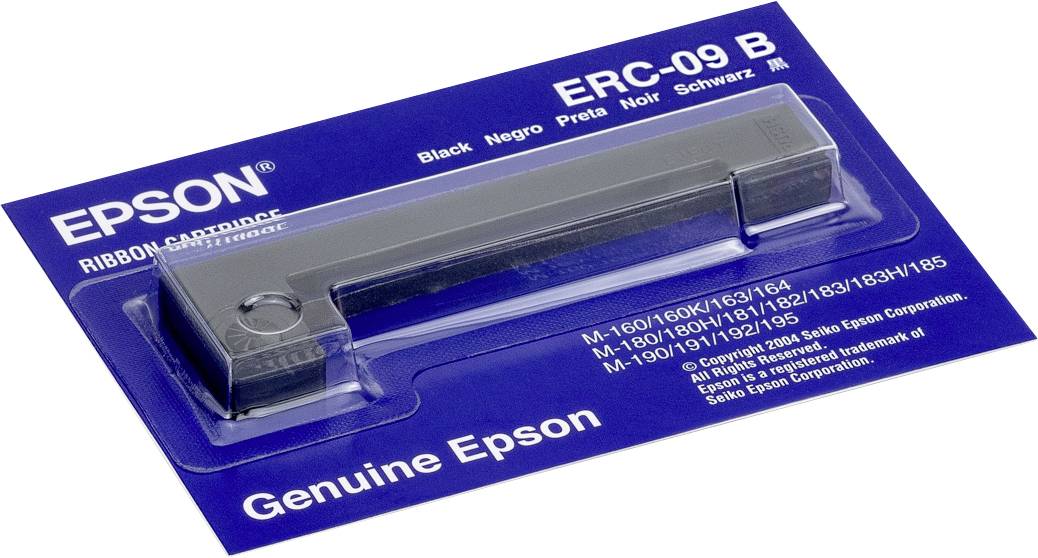 Epson ERC-09B-bandkassett på blå förpackning, märkt för M-160/M-180/andra modeller, i svart. Text: "Äkta Epson."
