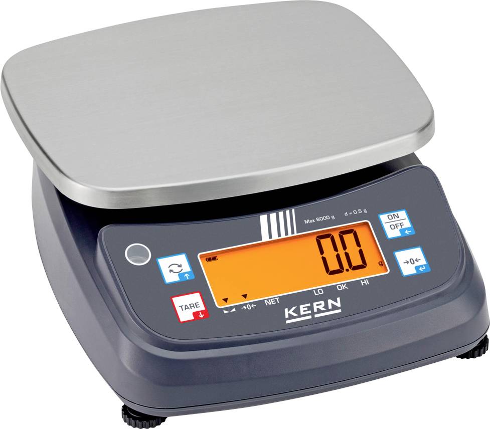 Digital kökvåg med stålöverst, orange bakbelyst display som visar "0,0", och knappar för tara, på/av och enhetsval.