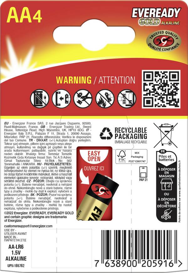 Eveready E304430400 Batteri AA (R6) Alkaliskt  1.5 V 4 st