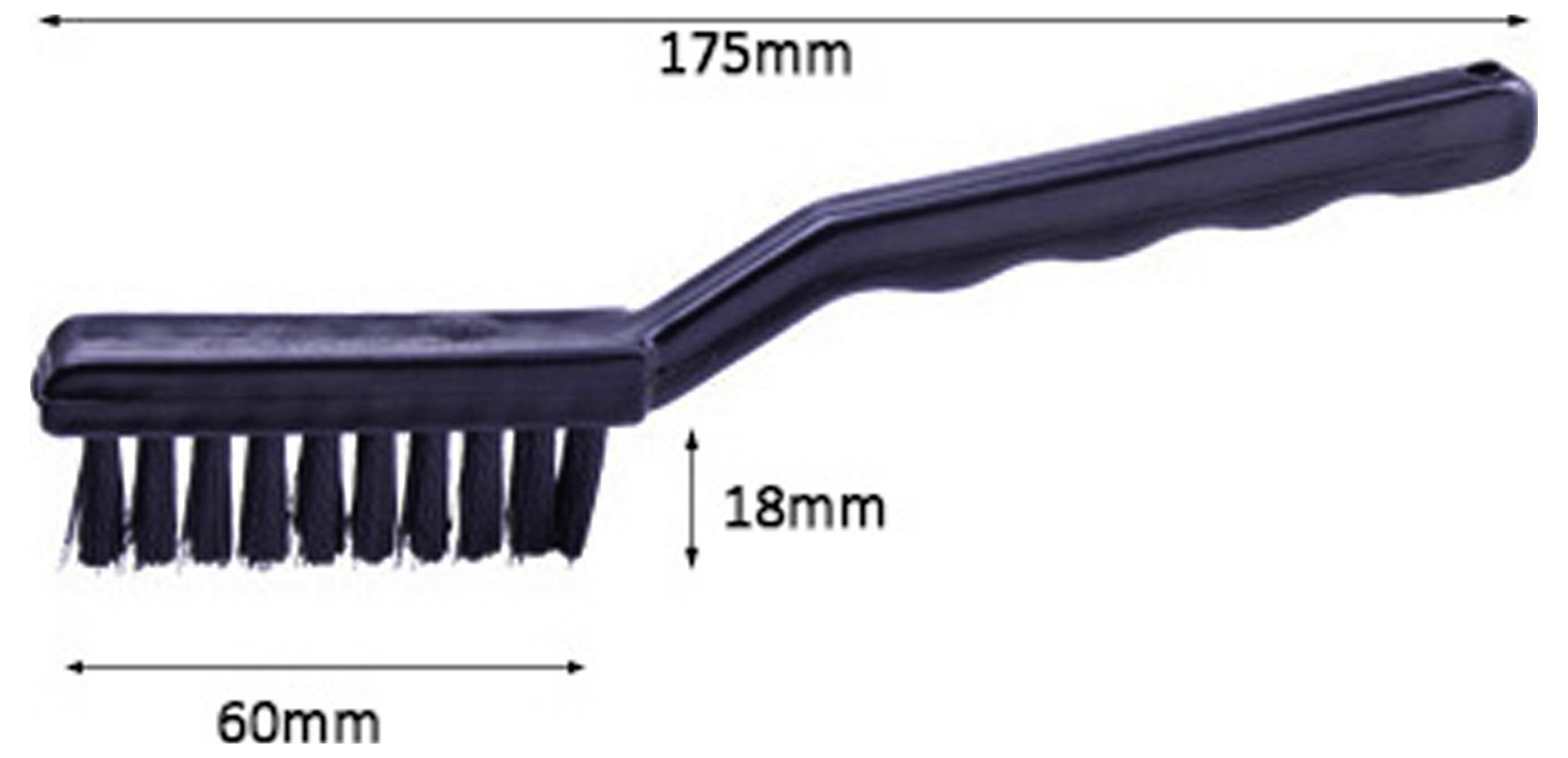 Svart hand-pensel med vinklat handtag, märkt 175 mm lång, 60 mm bred penselkopf och 18 mm borstehöjd.