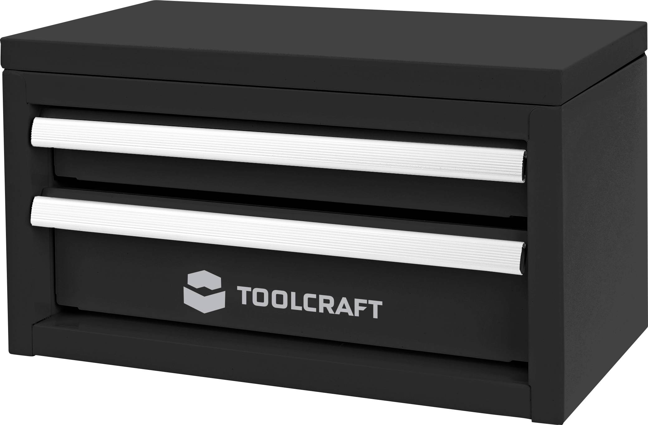 Svart Toolcraft verktygskista med två lådor och silverfärgade handtag, visad i vinkelvyn från fram.