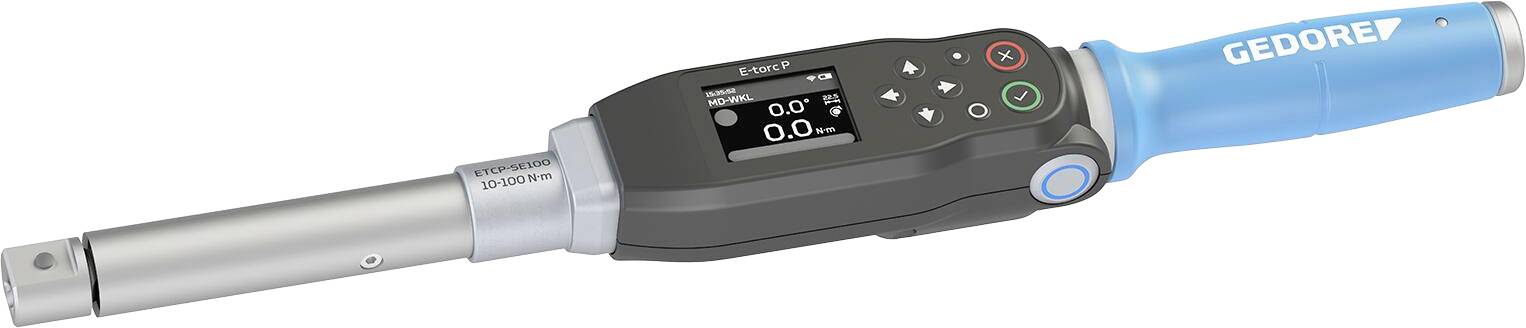 Digital momentnyckel med blå handtag, svart displayskärm som visar en avläsning på "0,0" och kontrollknappar på framsidan.
