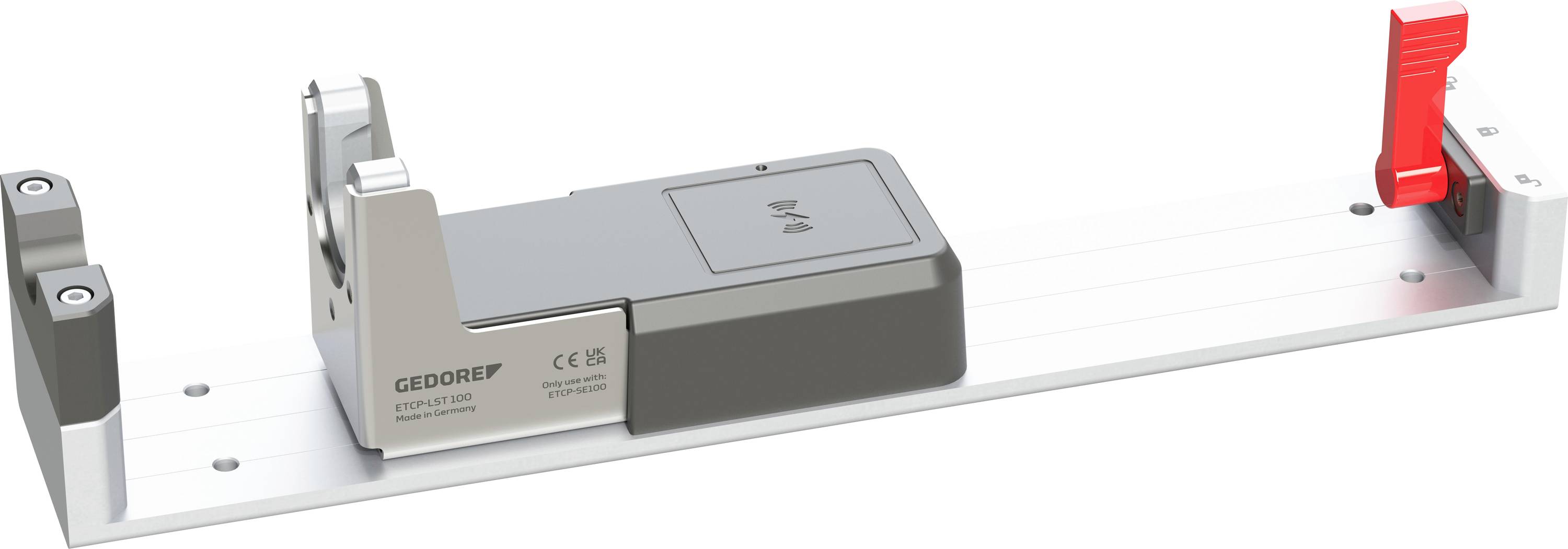 En rektangulär, grå metallalignering­sverktyg med en digital komponent, använd för exakt mätning, placerad på en platt bas med röda markörer.